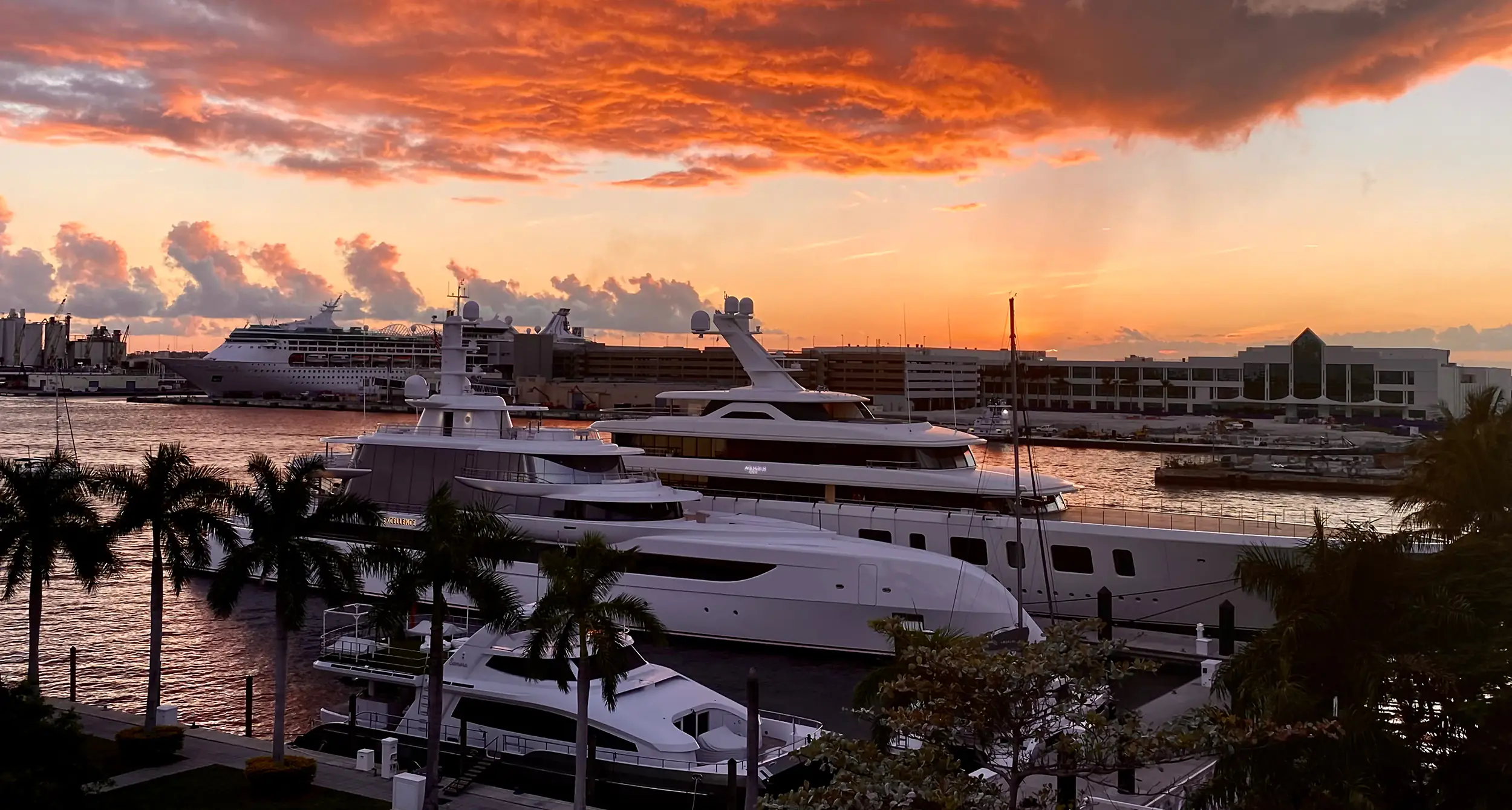 Sunset over a marina with several large white yachts docked and palm trees in the foreground.